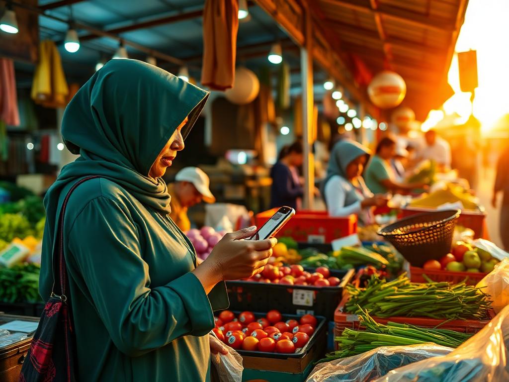 Women market vendors using mobile payments at a community market